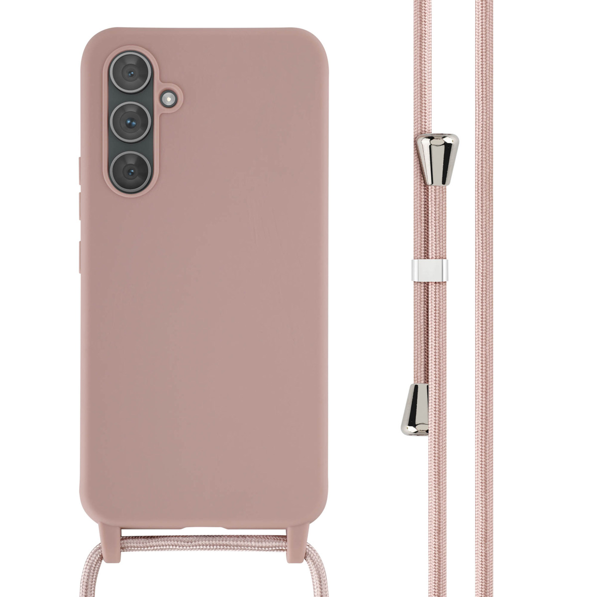 Stofroze telefoonhoesje met koord, telefoon en tekst "Op maat gemaakt".