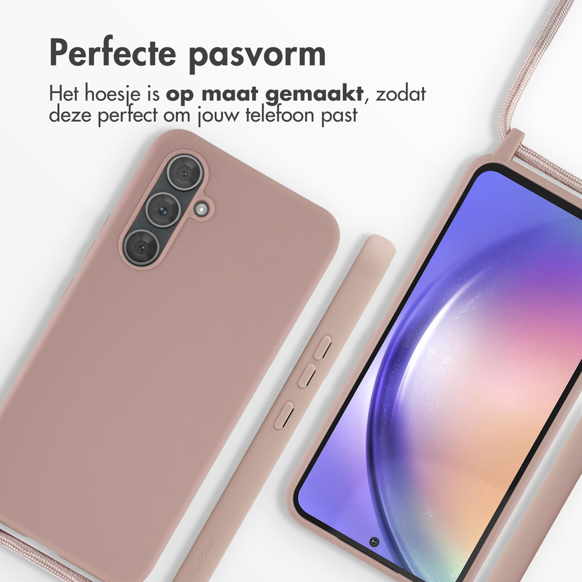 Een roze telefoonhoesje en een telefoon met scherm worden weergegeven.