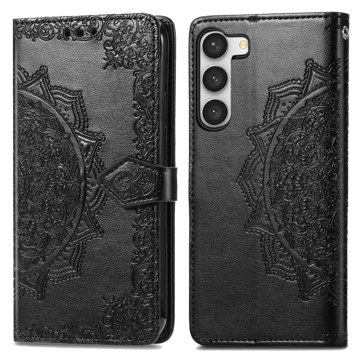 Étui de téléphone en cuir noir en vues ouvertes et fermées, avec motifs ornementaux et fermoir magnétique.