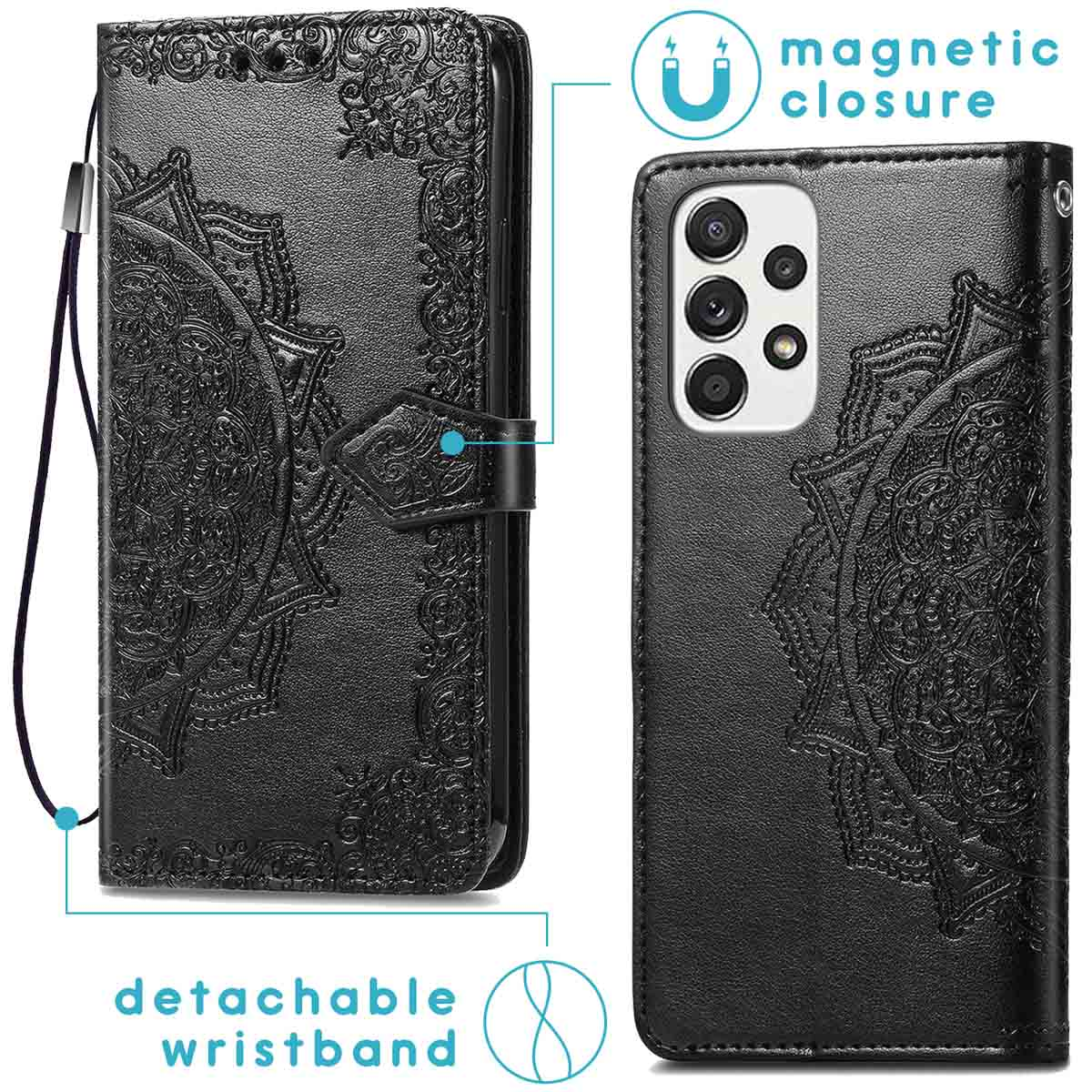 Zwarte telefoonhoes met mandala-ontwerp. Afneembare polsband en magnetische sluiting.