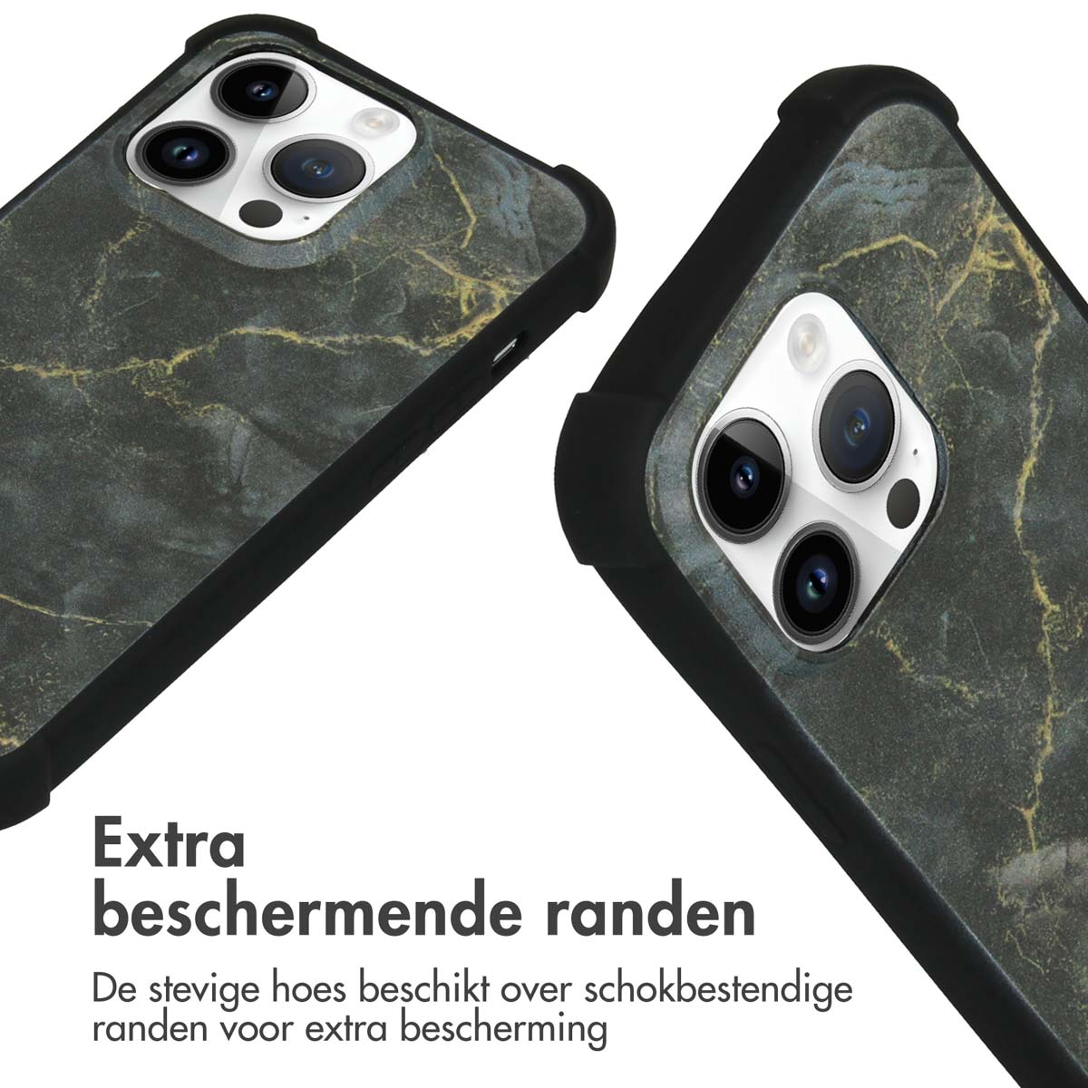 Twee telefoonhoesjes met marmerpatroon en verstevigde randen op wit.