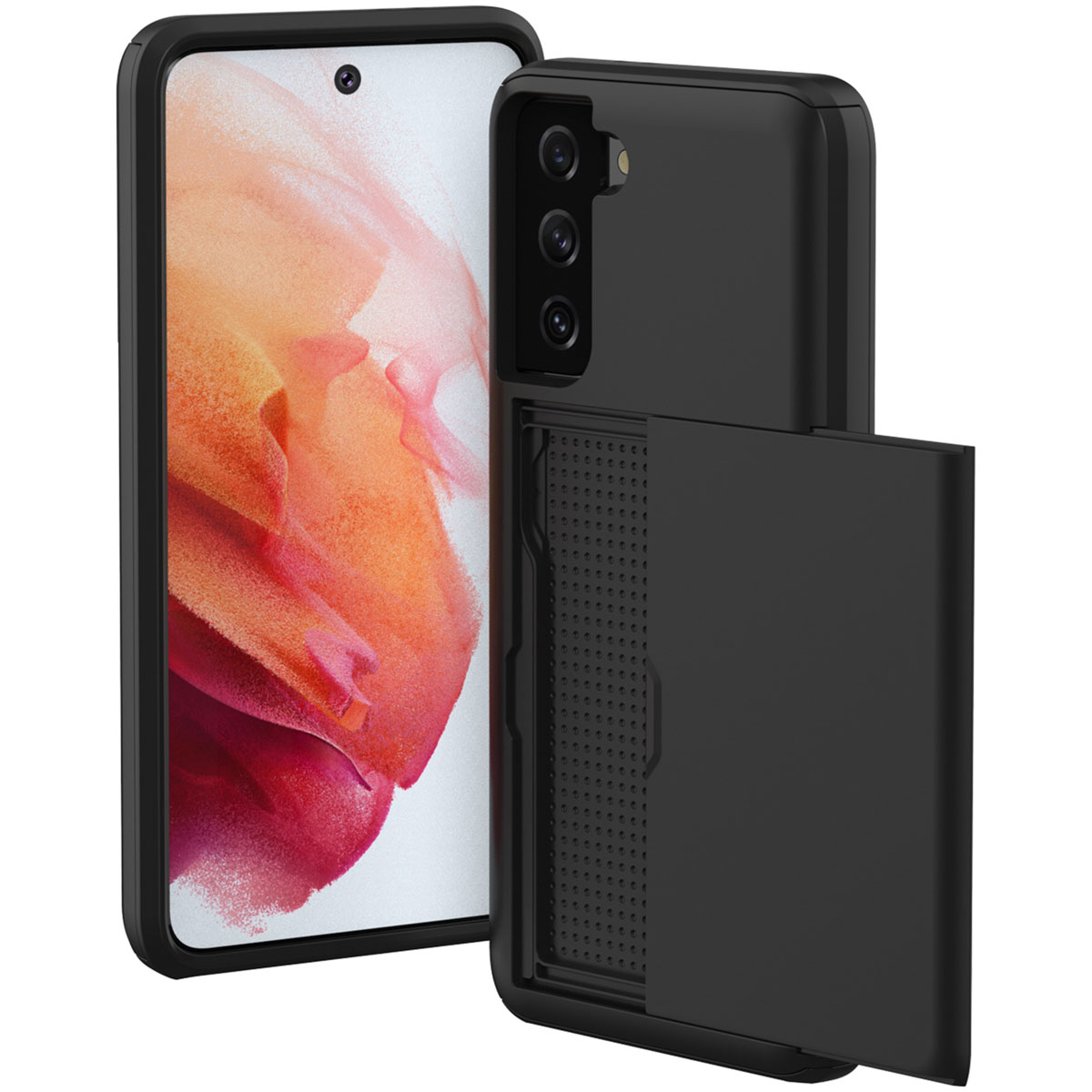 Een zwarte telefoonhoes met een open kaartsleuf. Een telefoon en een deel van een andere hoes.