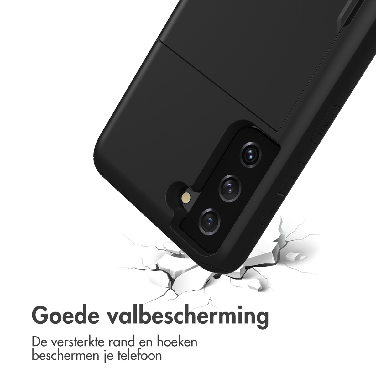 Zwarte telefoon met camera's op witte achtergrond die op gebarsten grond valt.