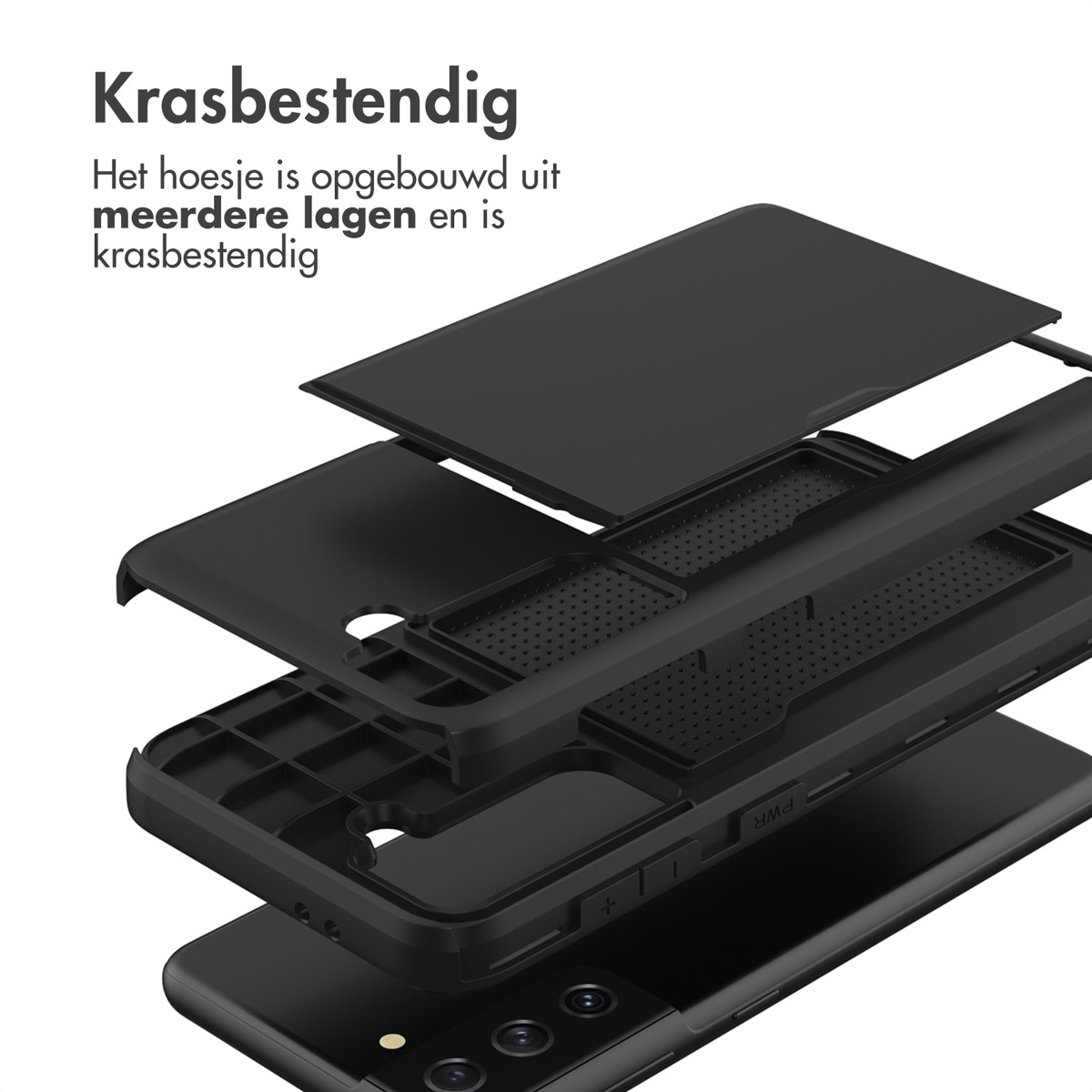 Explosie-aanzicht van een zwarte telefoonhoes, gemaakt van meerdere lagen.