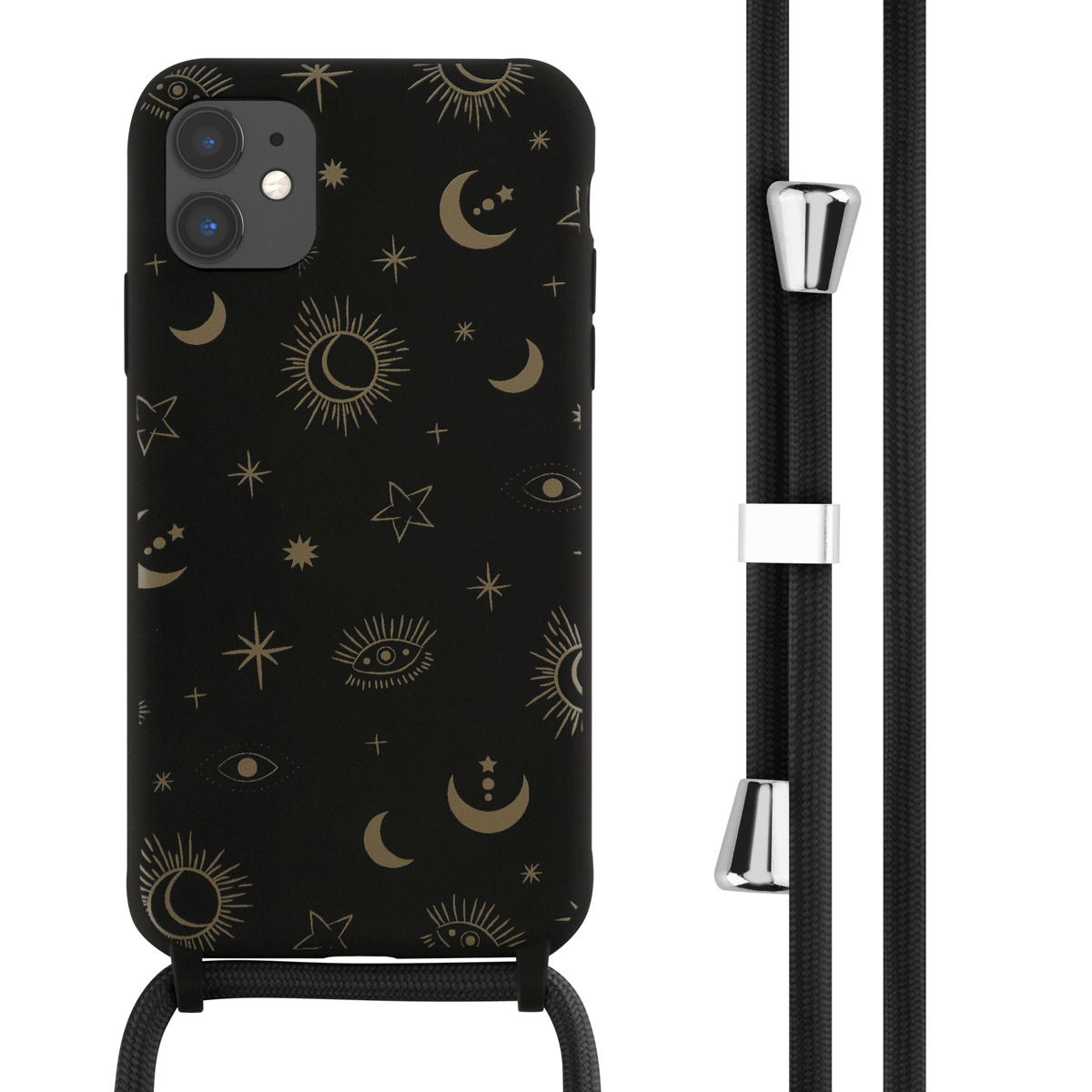 Schwarzes Telefon mit Sternenmuster-Hülle und Umhängeband.