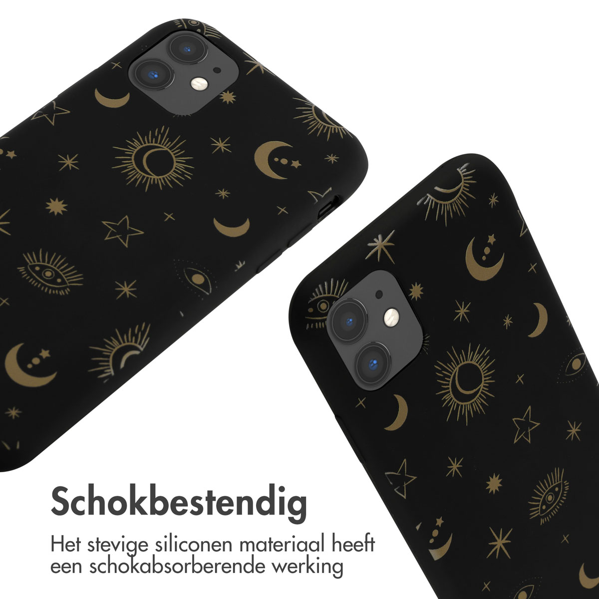 Schwarze Handyhülle mit goldenen Mond-, Stern- und Augenmotiven.