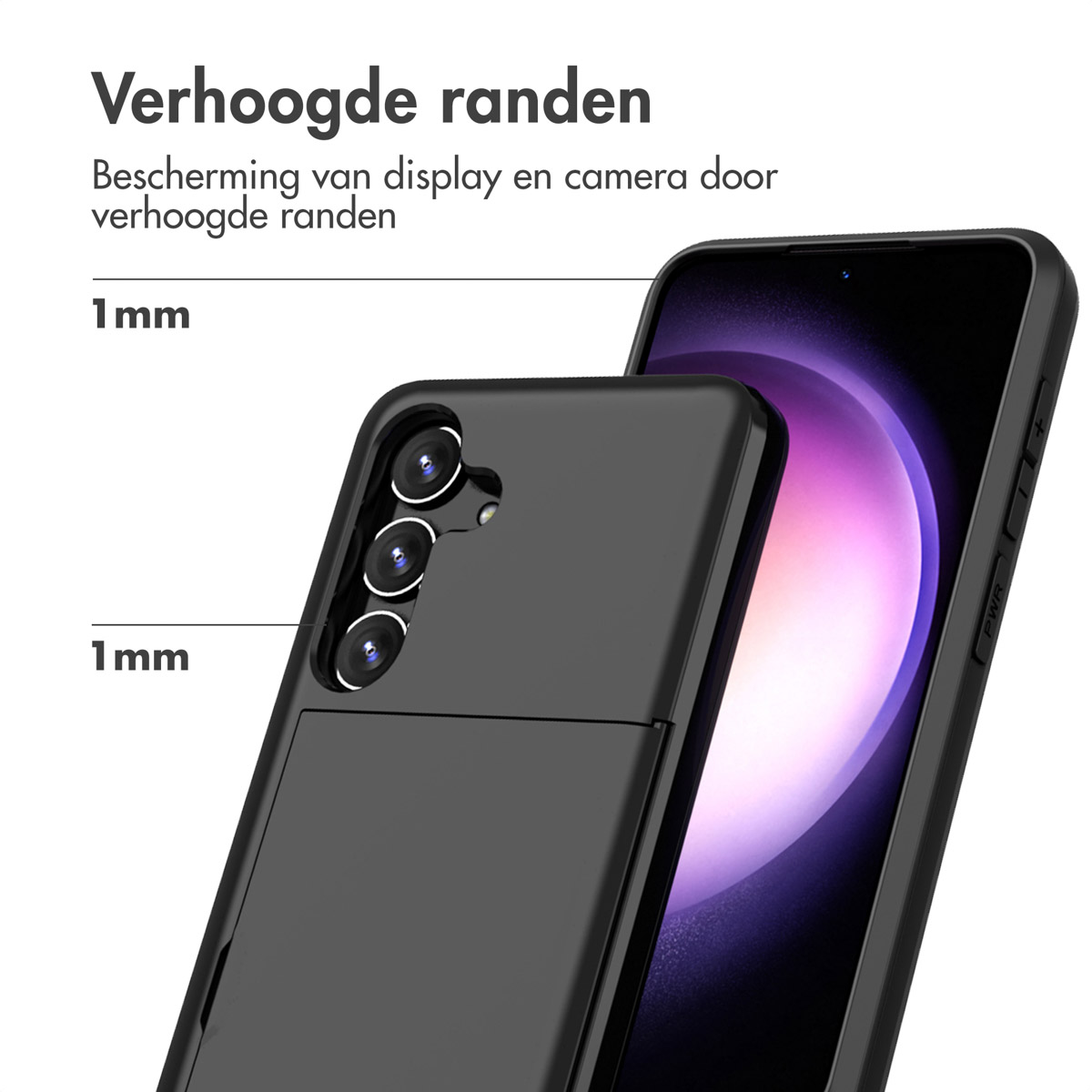 Zwarte telefoonhoes met 1mm verhoogde randen, beschermt scherm en camera.