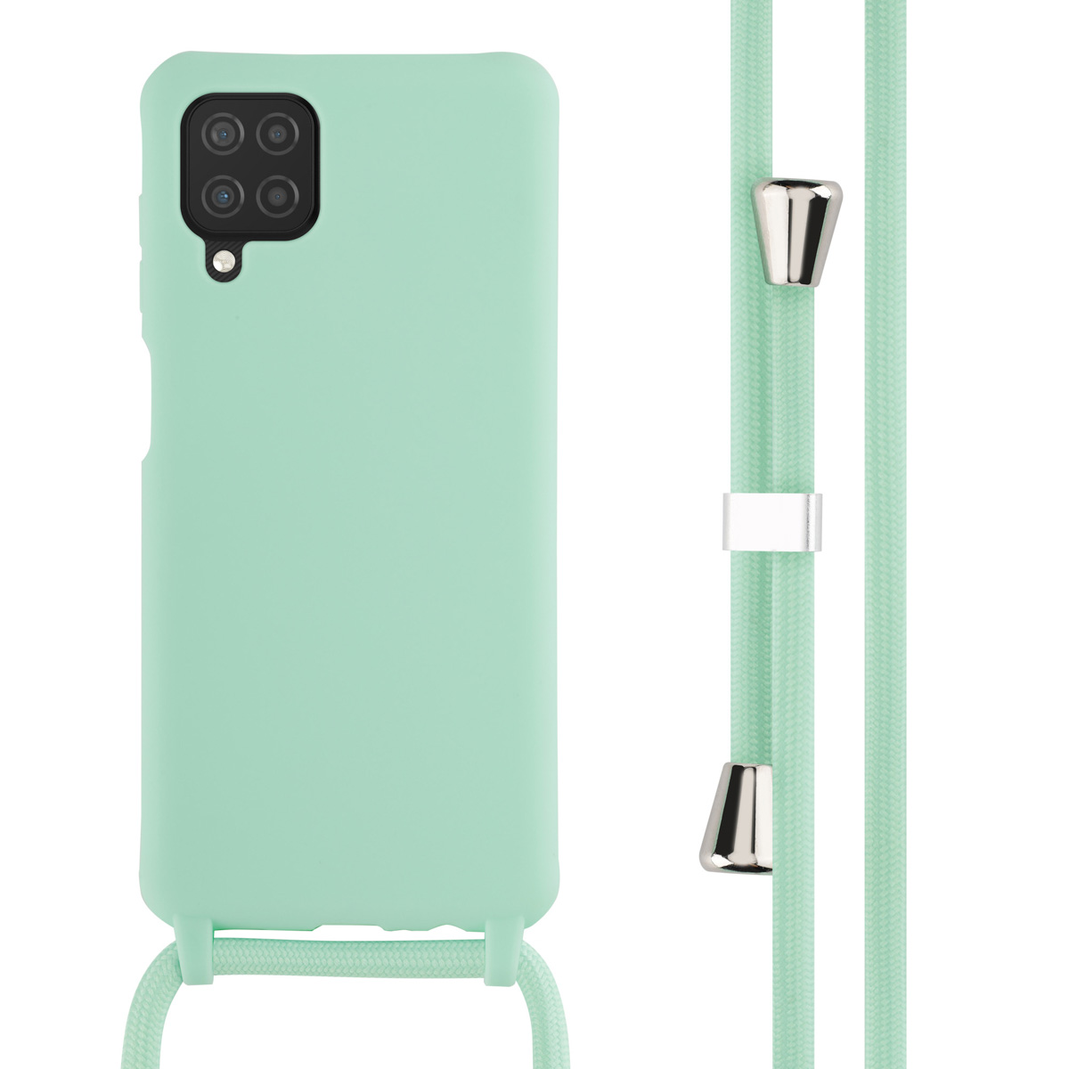 Een lichtgroene telefoonhoes met een bijpassend koord. De hoes heeft een camera-uitsparing en een koordbevestiging.