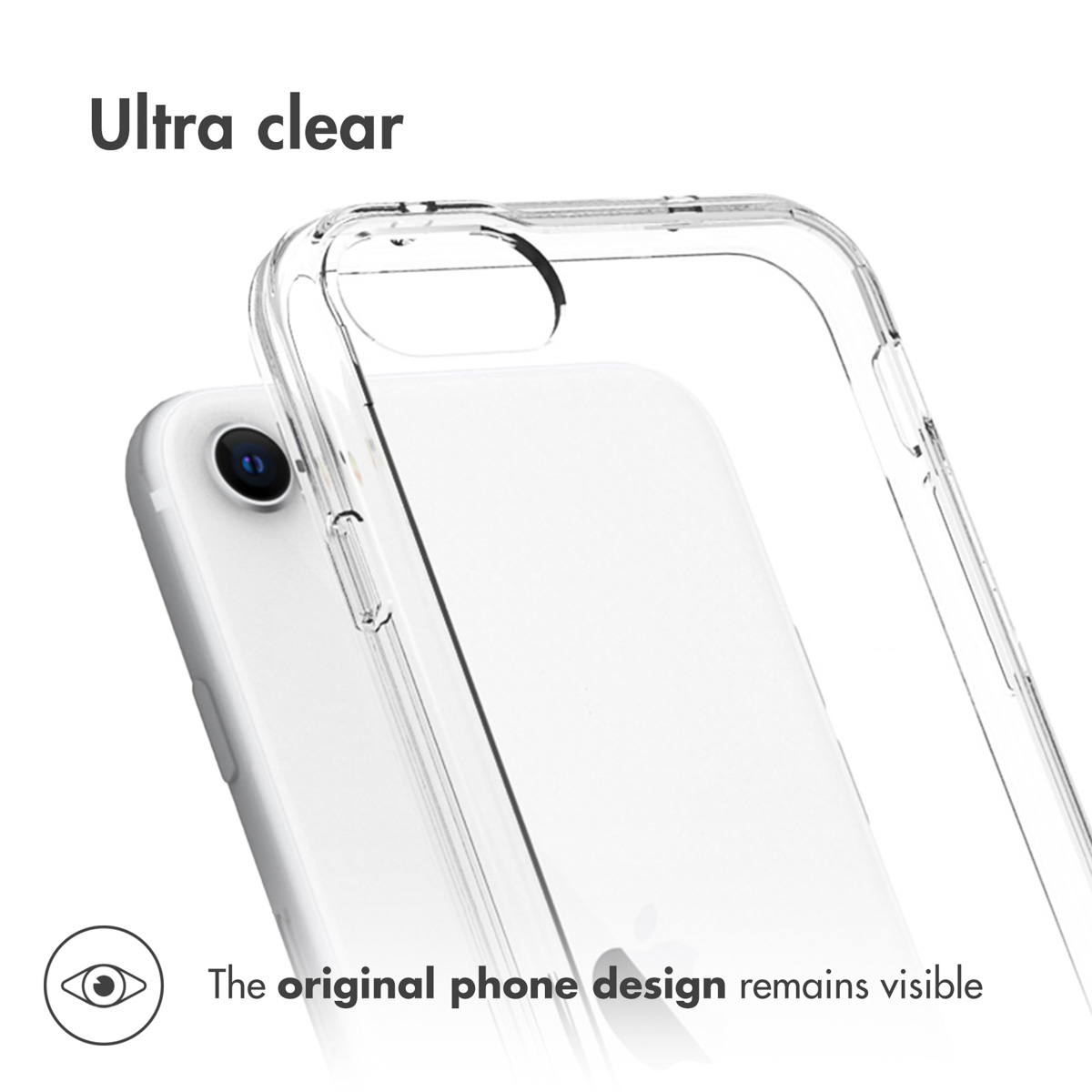 Coque transparente sur un téléphone blanc, montrant le design original. Icône d'œil.