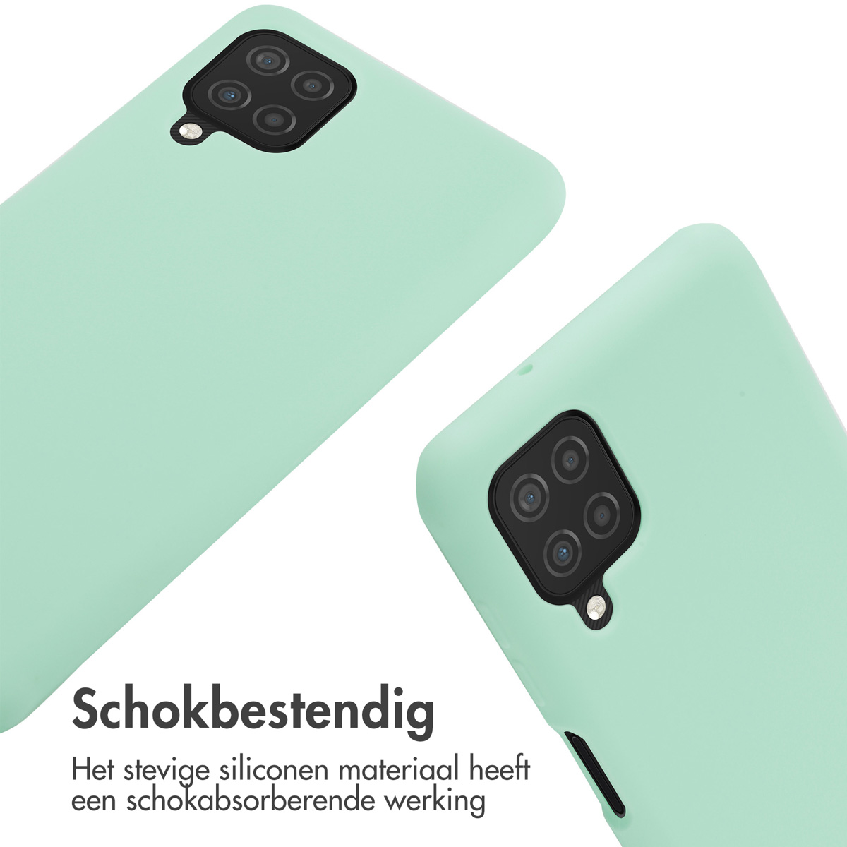 Twee mintgroene telefoonhoesjes met camerasystemen. Schokbestendig.