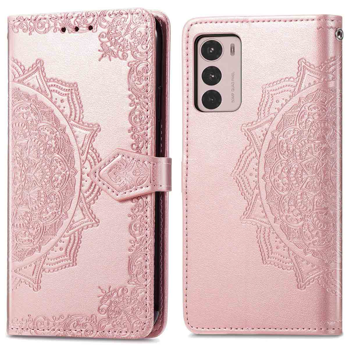 Een roze telefoonhoes met een bloemenpatroon. De hoes is open en toont een telefoon en kaartsleuven.