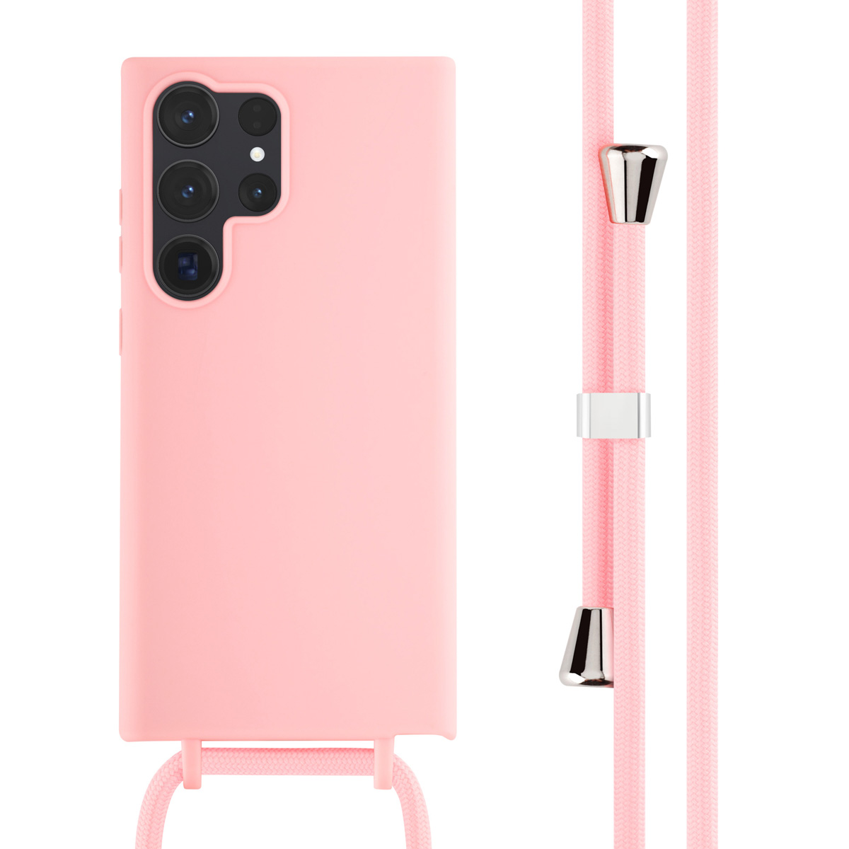 Coque rose clair avec cordon et téléphone.