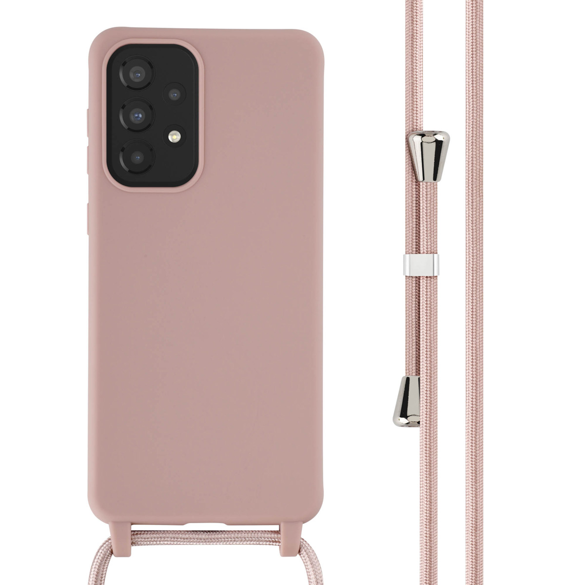 Coque de téléphone rose avec un cordon rose assorti et des supports de cordon argentés.