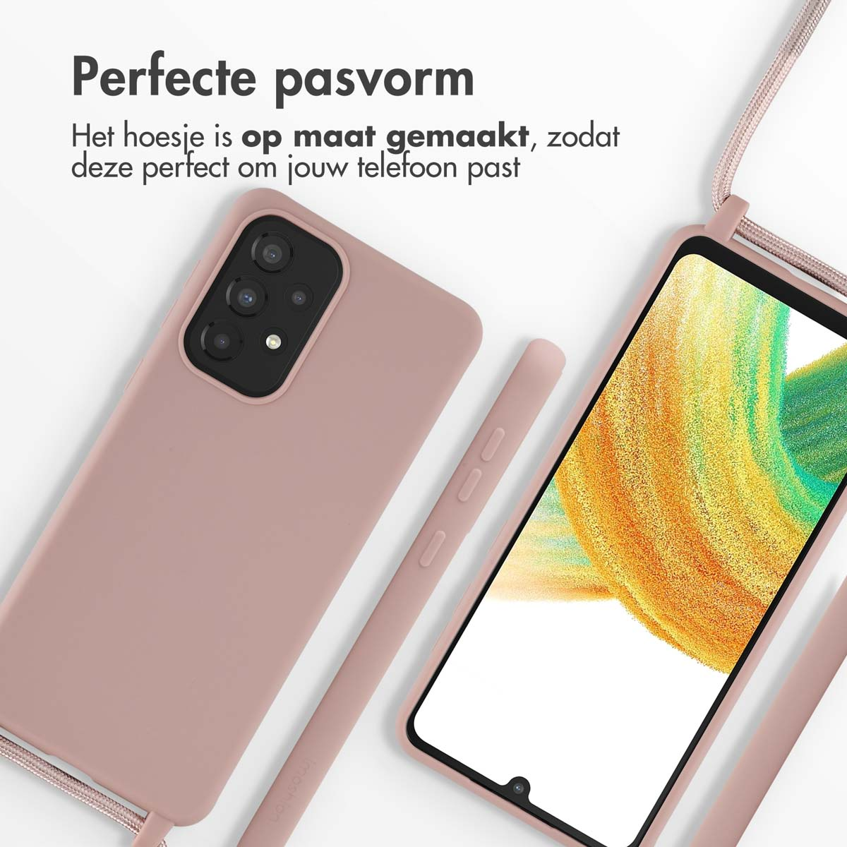 Une coque de téléphone rose et un téléphone à écran coloré.