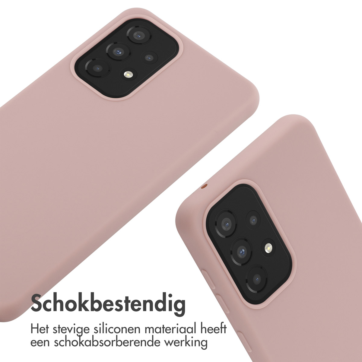 Deux coques de téléphone roses sont présentées avec des découpes pour appareil photo. Une coque est inclinée.
