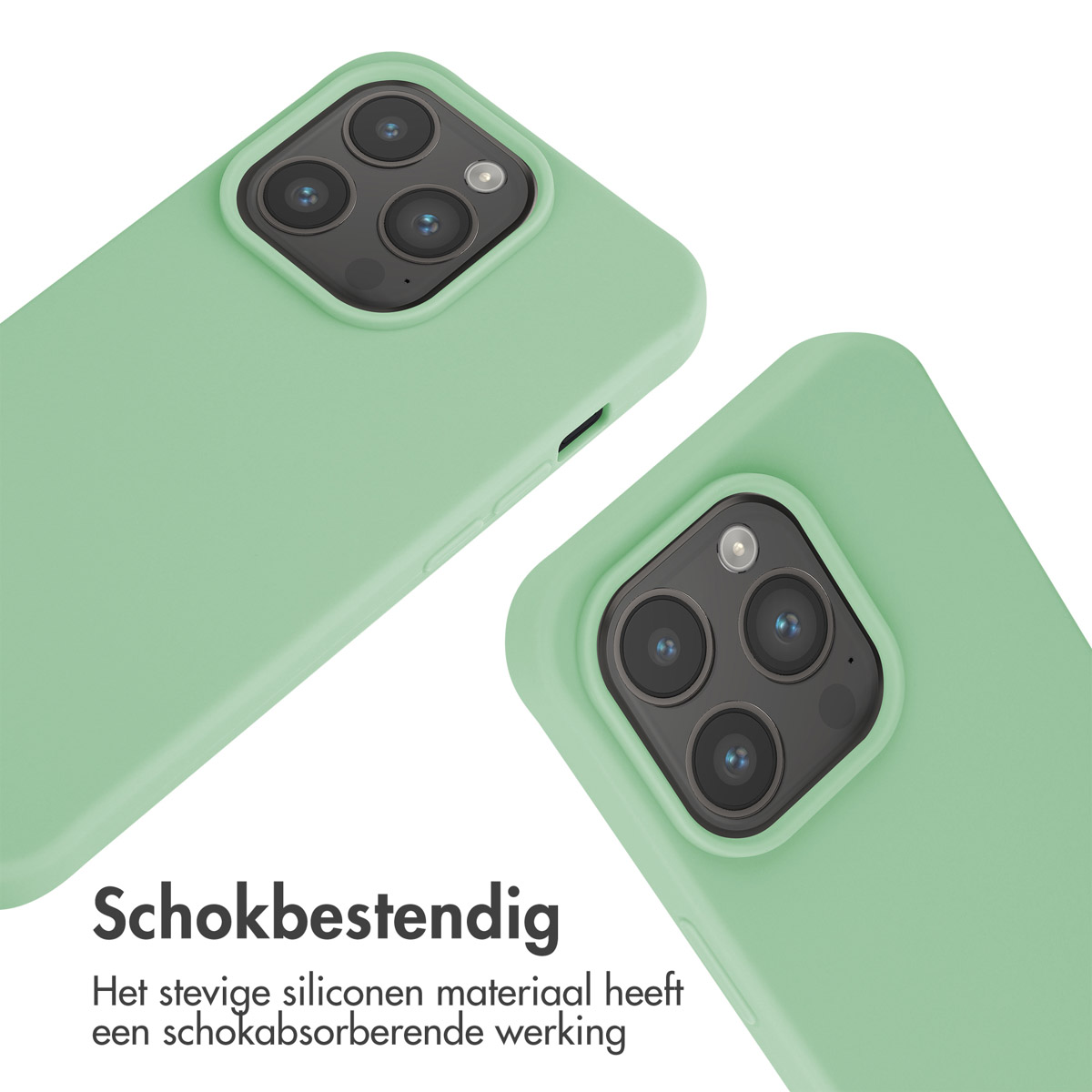 Deux coques de téléphone vert clair avec découpe caméra sur fond blanc.