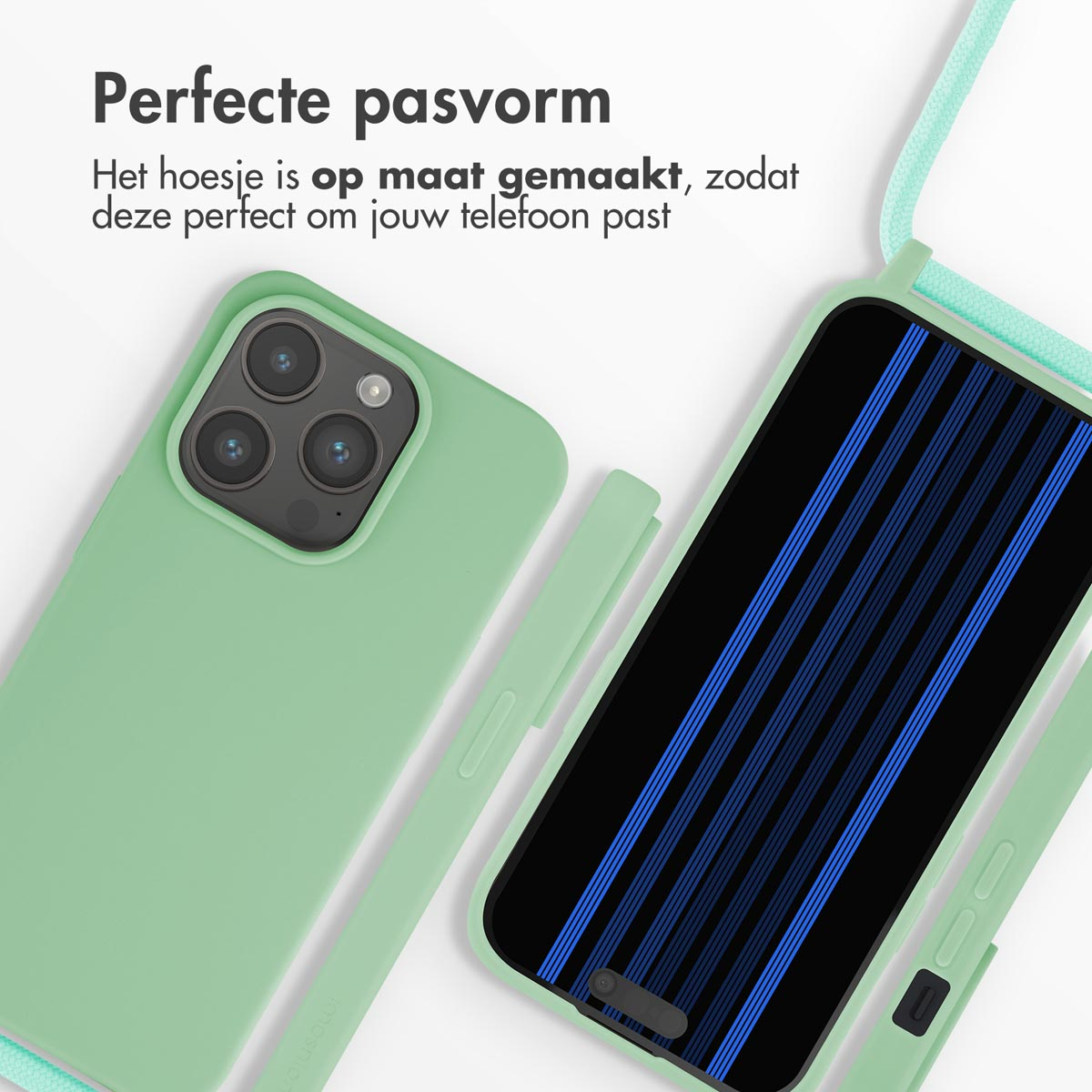 Deux coques de téléphone vertes, une avec bloc caméra, l'autre avec motif à rayures bleues.