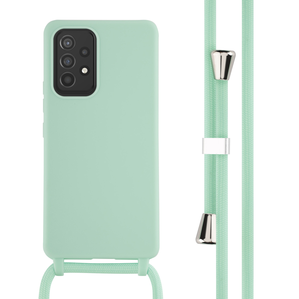 Mintgroene telefoonhoes met mintgroen koord. De hoes heeft drie camera-uitsparingen.