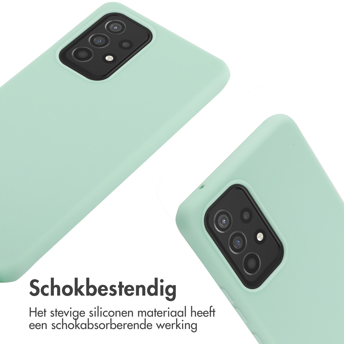 Twee teal telefoonhoesjes met cameralenzen, op een witte achtergrond.