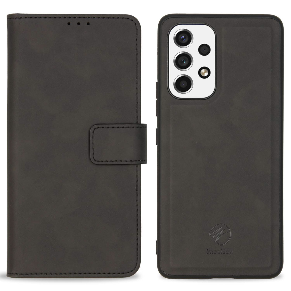 Zwart smartphone flipcase met camerasysteem en logo.