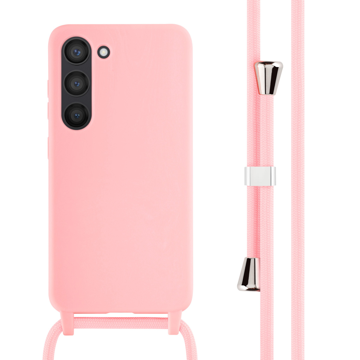 Een roze telefoonhoes met een bijpassend koord. De hoes heeft een camera-uitsparing en een koordbevestiging.