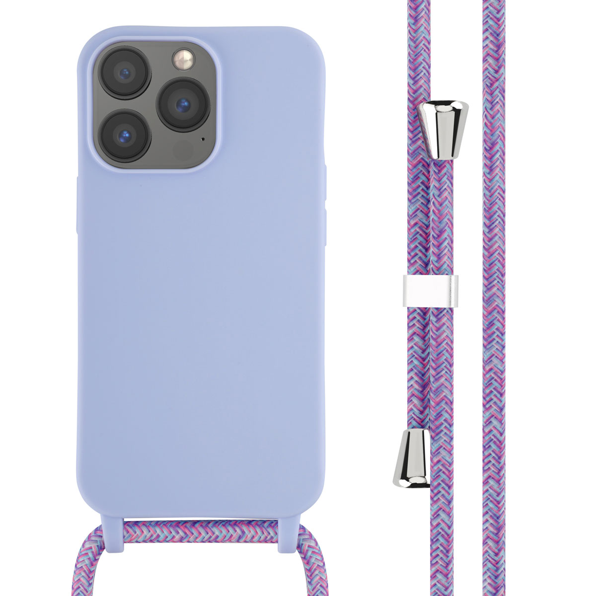Une coque de téléphone bleu clair avec une sangle tressée. La sangle est rose et violette.