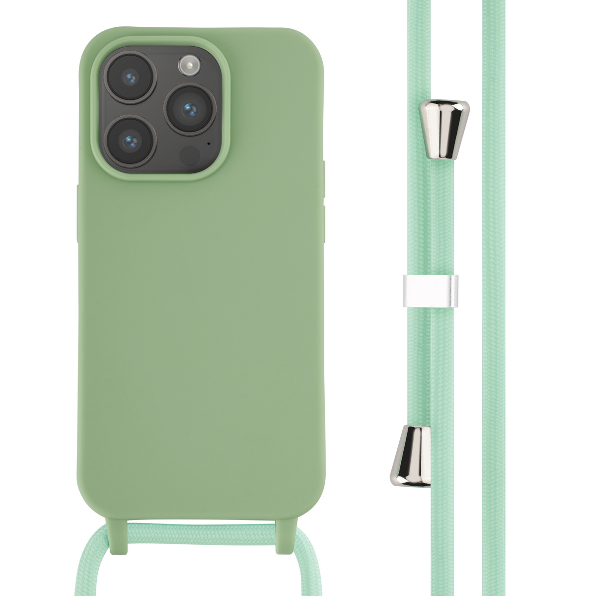 Groene telefoonhoes met bijpassend koord. De telefoon zit in de hoes.