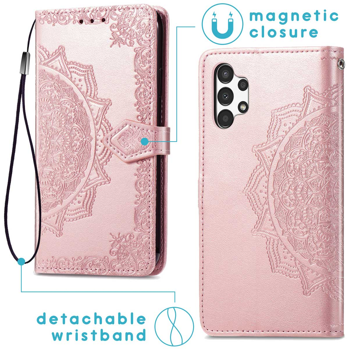 Étui de téléphone rose à mandala en relief, fermeture magnétique et dragonne détachable.