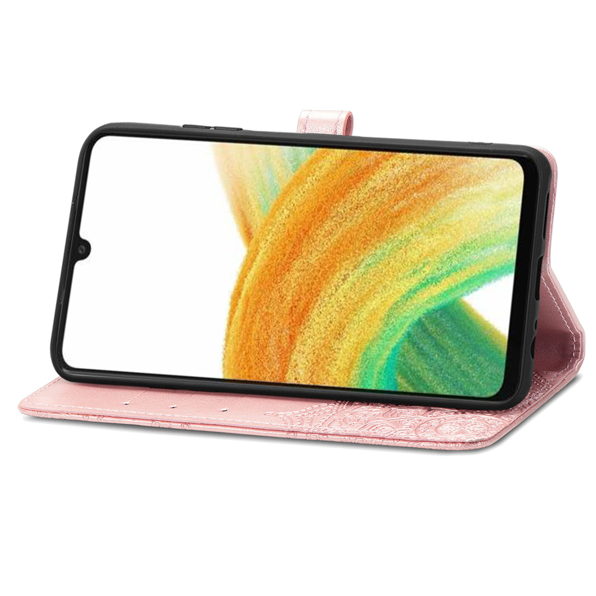 Un étui de téléphone rose avec un téléphone affichant un motif abstrait.