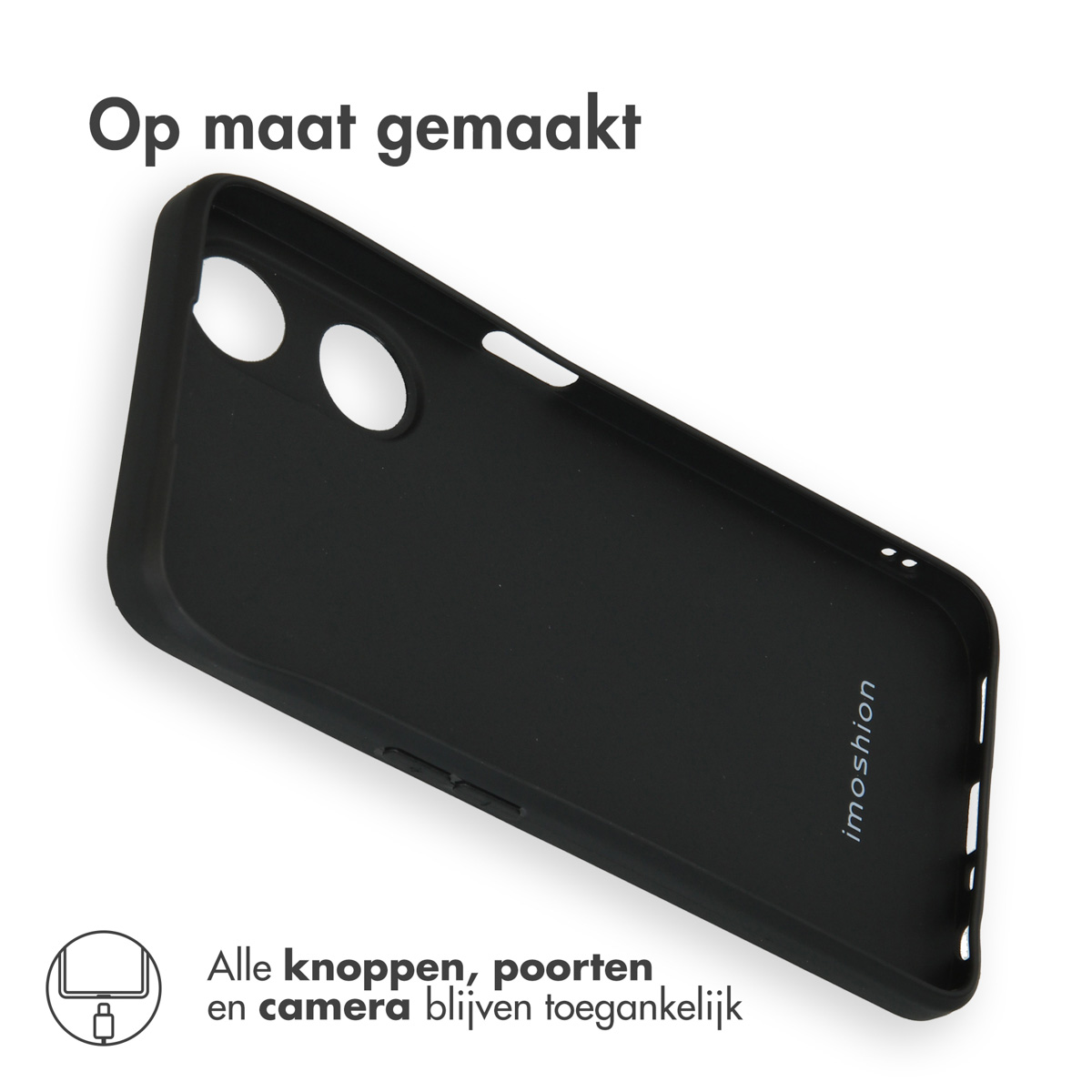 Coque de téléphone noire. La coque est sur une surface. Il y a un logo sur la coque.