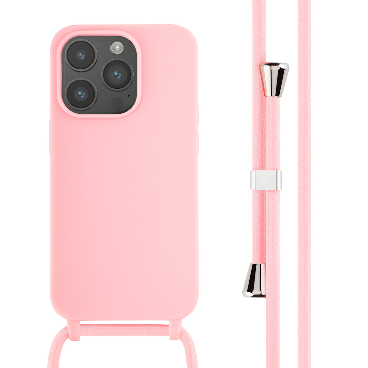 Roze telefoonhoesje met koord bevestigd, en roze koord met metalen sluitingen.