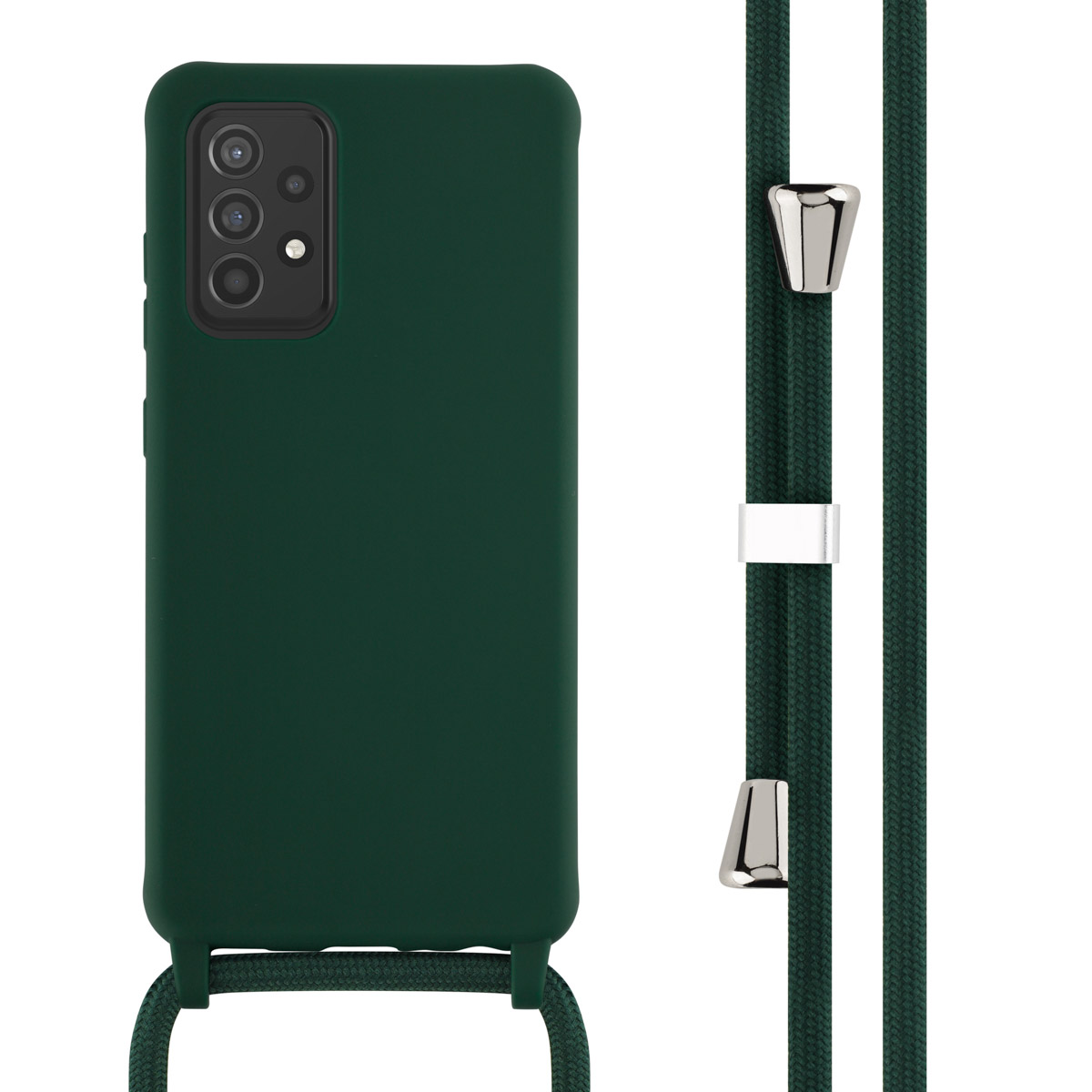 Coque de téléphone vert foncé avec cordon assorti, détails argentés, sur fond blanc.