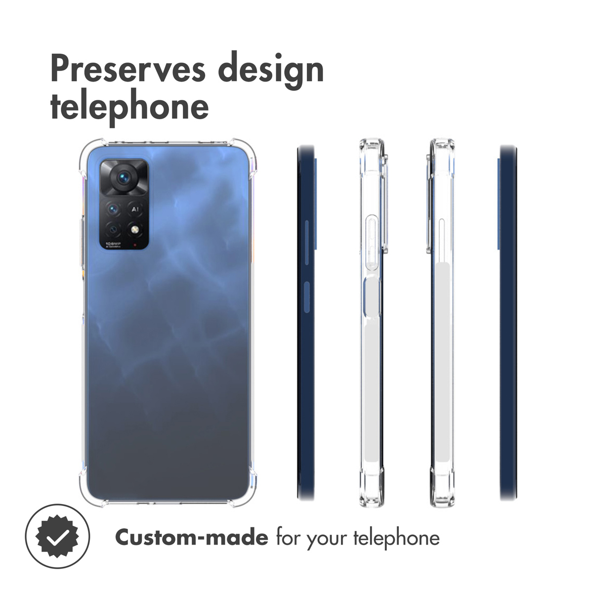 Custodia trasparente per telefono sul telefono. Sfondo bianco.