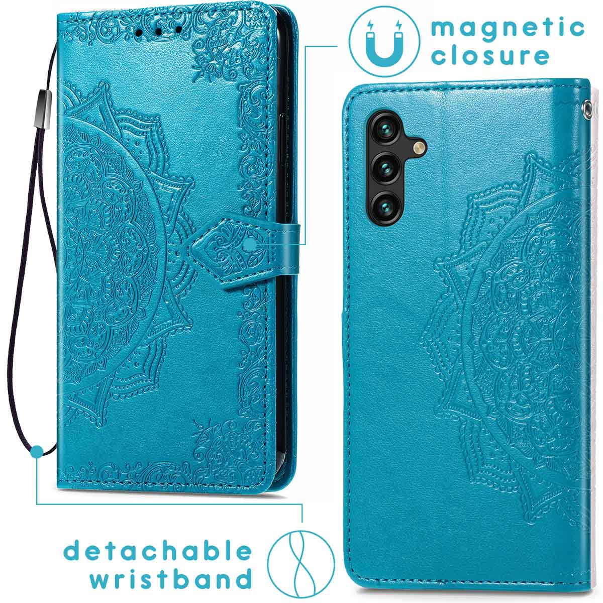 Turquoise telefoonhoes met reliëf mandala en afneembare polsband.