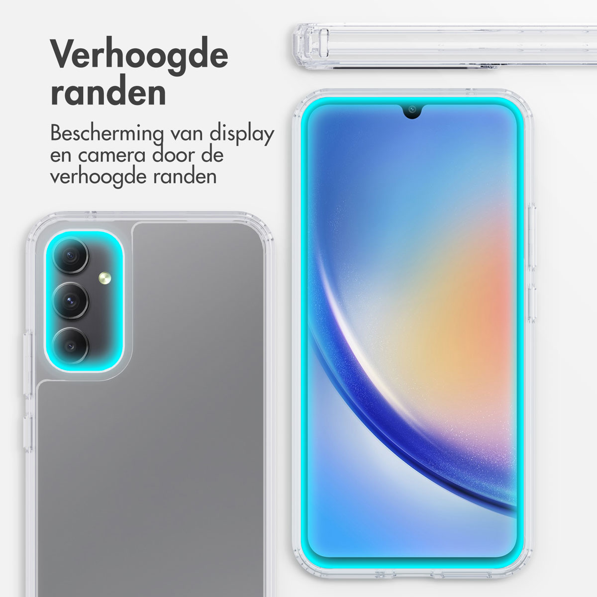 Coque transparente avec bords surélevés pour écran et appareil photo.