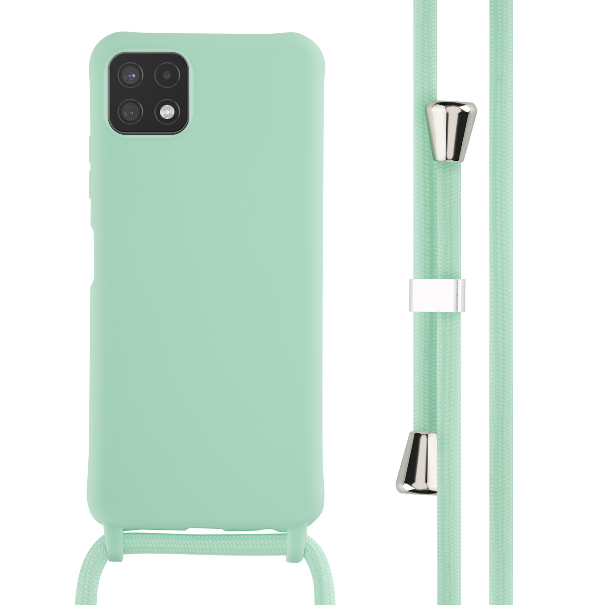 Telefoonhoesje met een koord eraan. De hoes is lichtgroen. Het koord is groen.