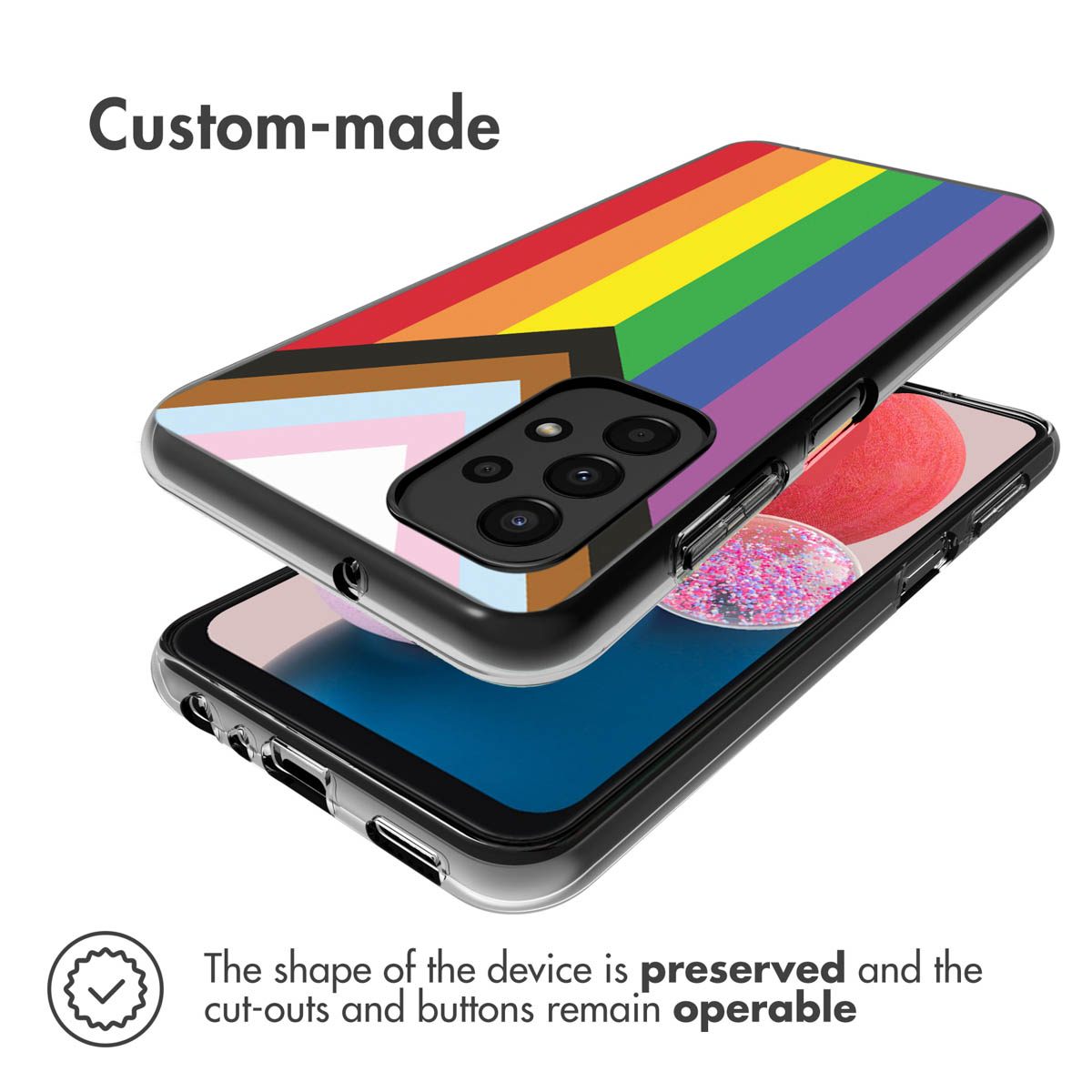 A phone case with a colorful design, placed on a phone. Text states "Custom-made".