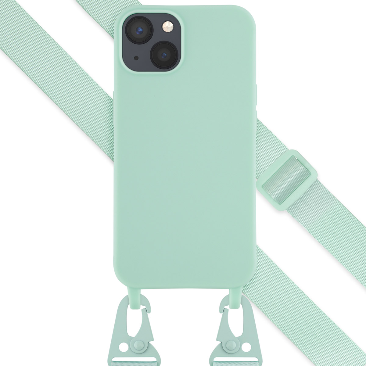 Coque vert menthe avec sangle. La sangle et les clips sont vert menthe.