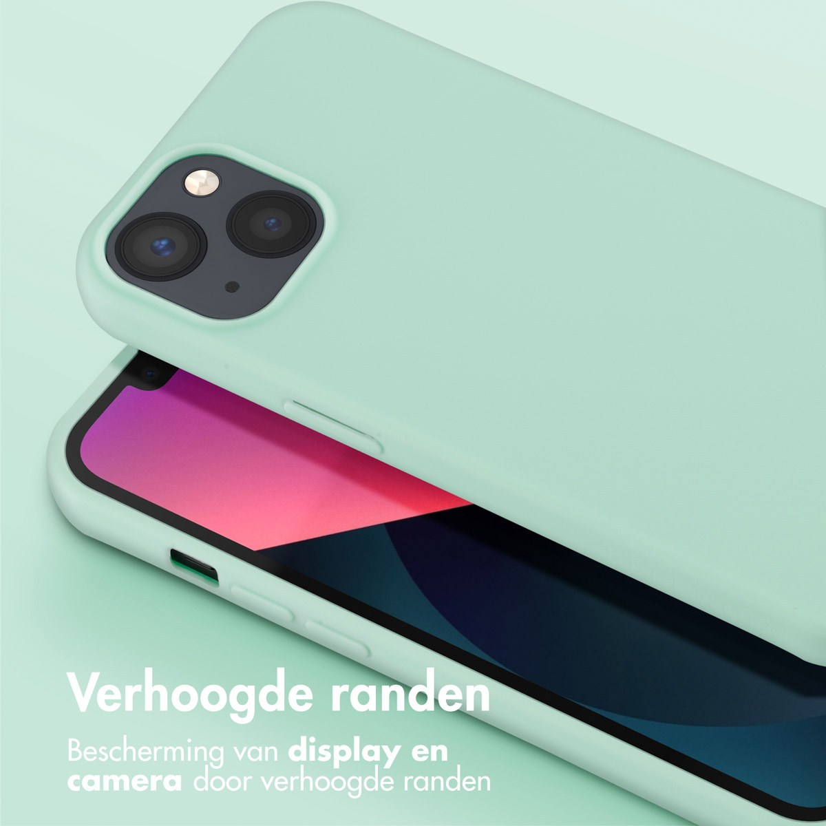 Coque de téléphone vert menthe avec bords surélevés. Téléphone avec écran rose et noir.