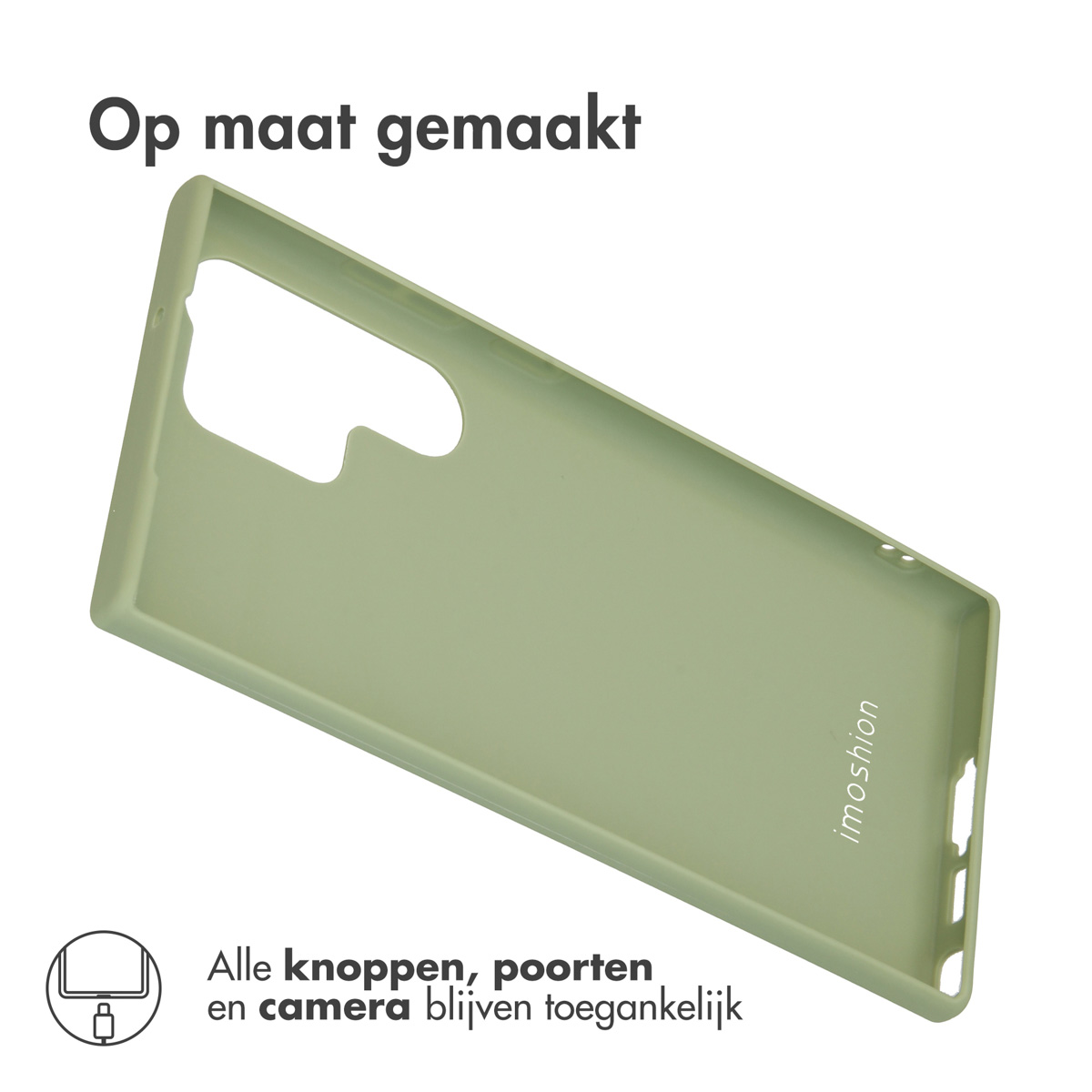 Olijfgroene telefoonhoes. Toont de uitsparingen voor camera en poorten.
