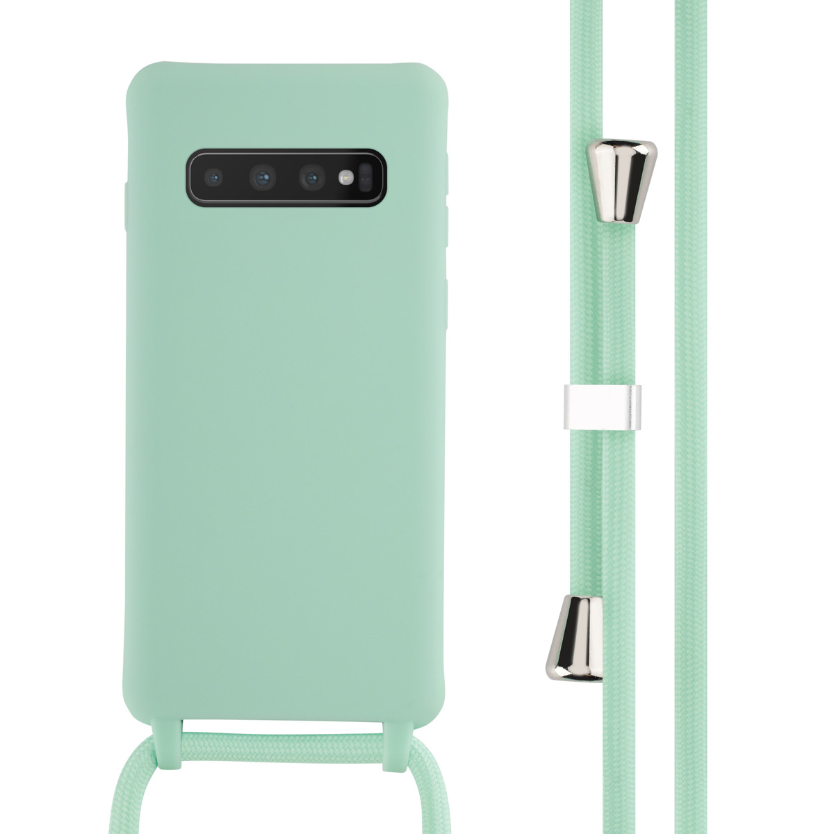 Custodia verde menta con cordino e telefono.