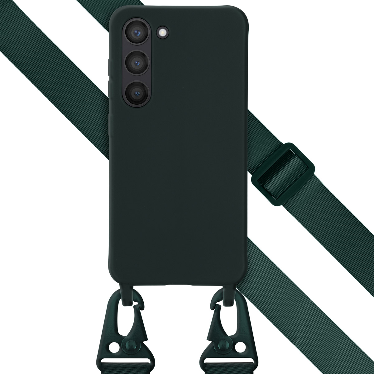 Coque de téléphone vert foncé avec sangle. La coque a trois lentilles.
