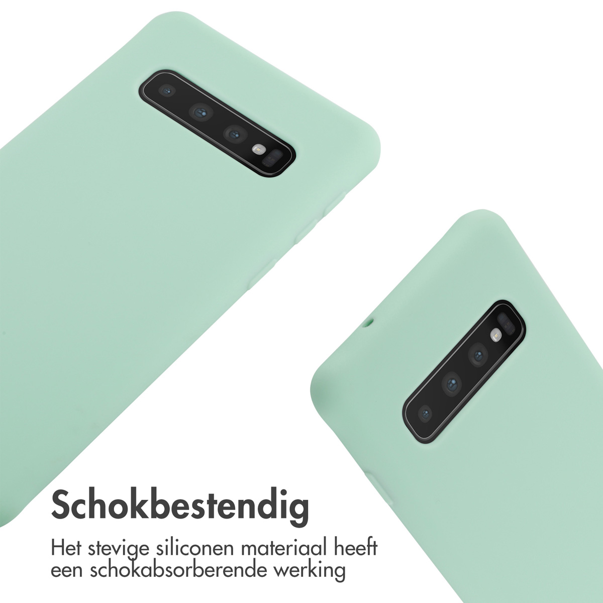 Due custodie per telefono verde chiaro con moduli fotocamera su sfondo bianco.