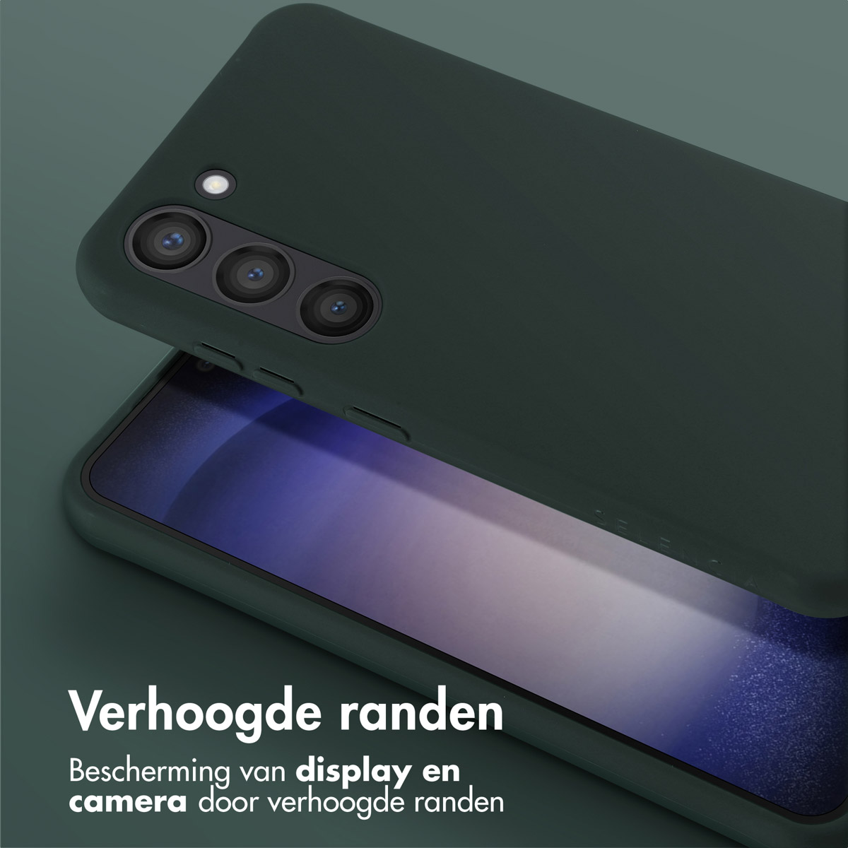 Une coque de téléphone verte. Un téléphone est dans la coque et est incliné. L'écran est visible.
