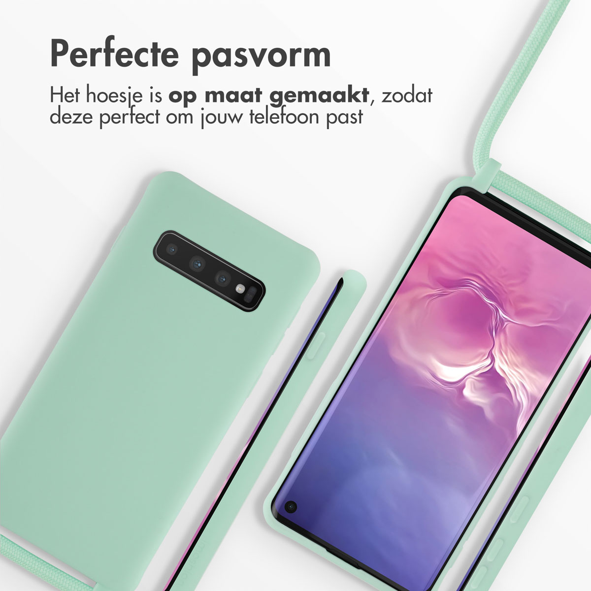 Custodia verde menta per telefono con cinturino, accanto a uno smartphone.