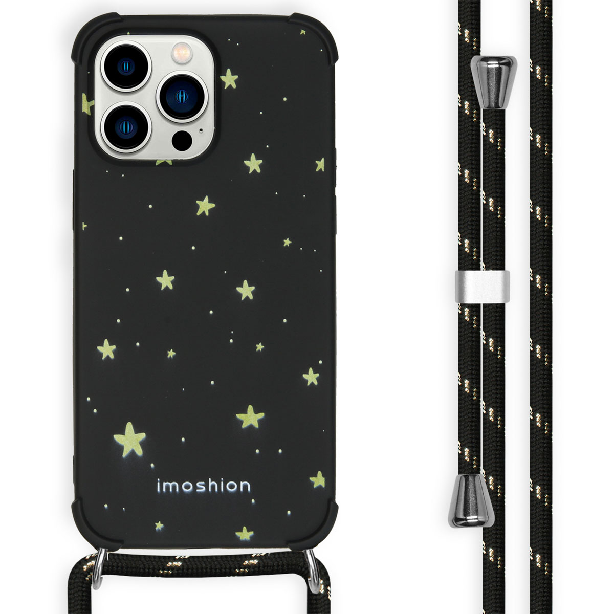 Zwarte telefoonhoes met gele sterren en zwart koord met zilveren details.