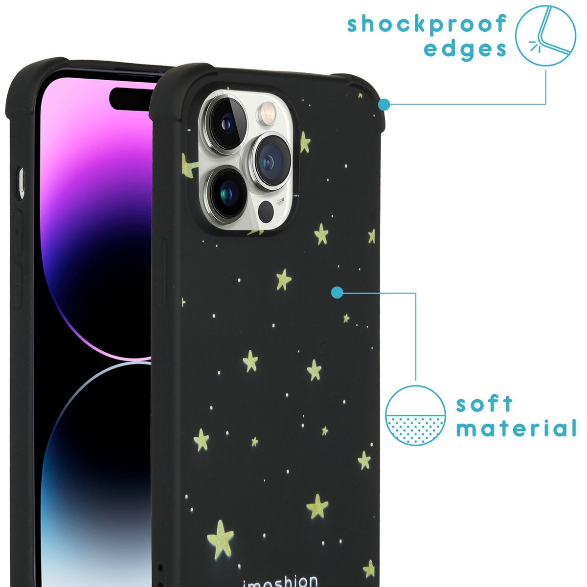 Zwarte telefoonhoes met gele sterren, camera's en schokbestendige randen.