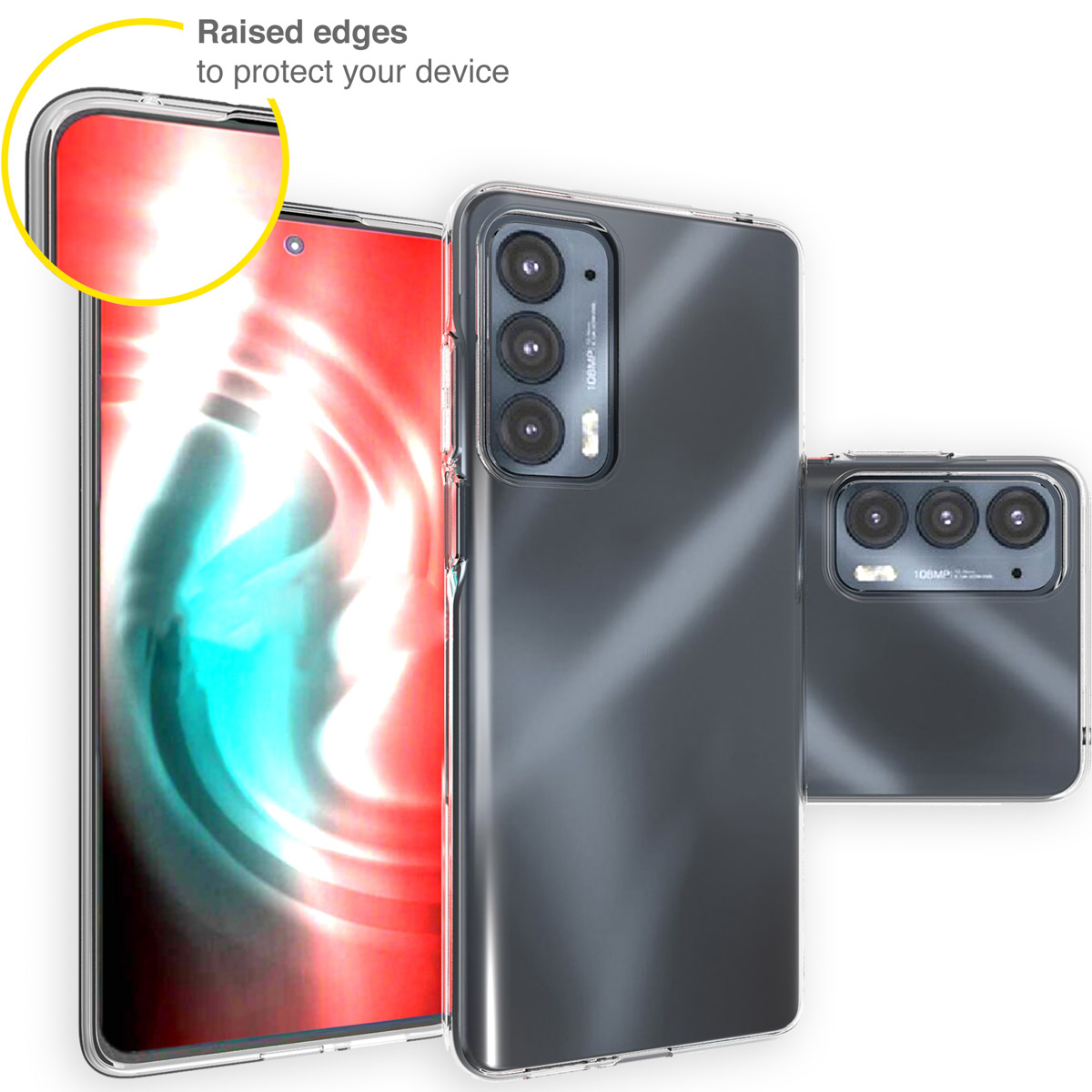 Transparante telefoonhoes op een telefoon met een rood scherm, met verhoogde randen.