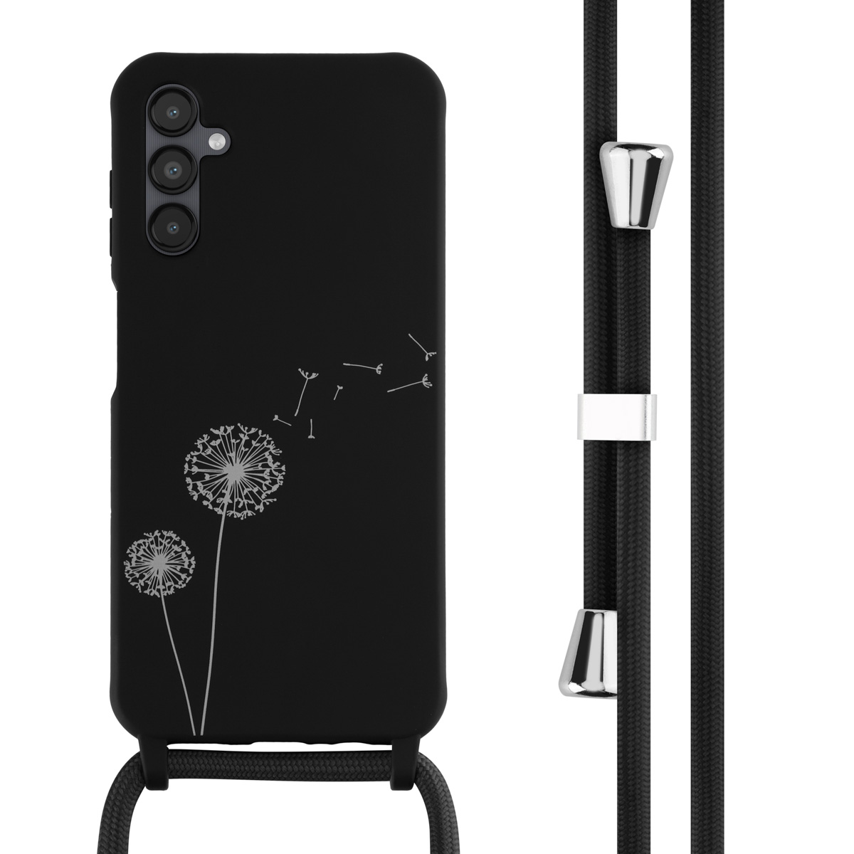 Coque noire avec motif pissenlit, lanière noire. Détails argentés et noirs.