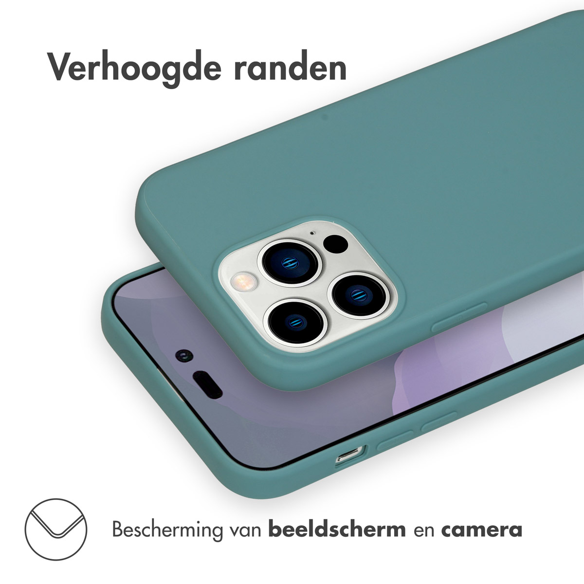 Een blauwgroene telefoonhoes met een telefoon erin. Het scherm is zichtbaar.